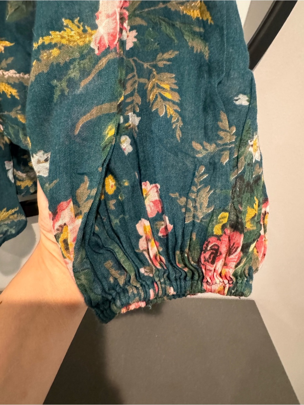 Ralph Lauren Teal 100% Cotton Floral Peasant Blouse with Pink & Yellow Blooms - Picture 3 of 5